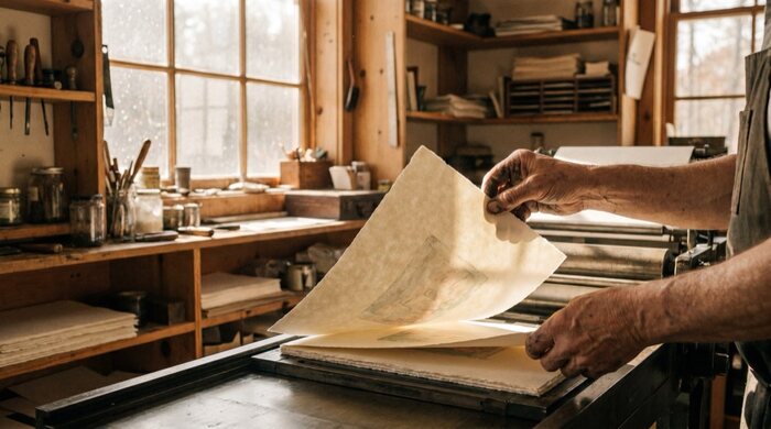 Hands lifting a printed sheet at the workshop
