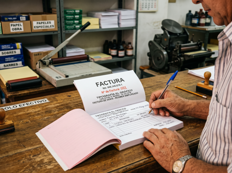 Talonario abierto con original y copia y numeración consecutiva: así se ve una factura de venta en papel en el mostrador de una litografía del Centro de Medellín.