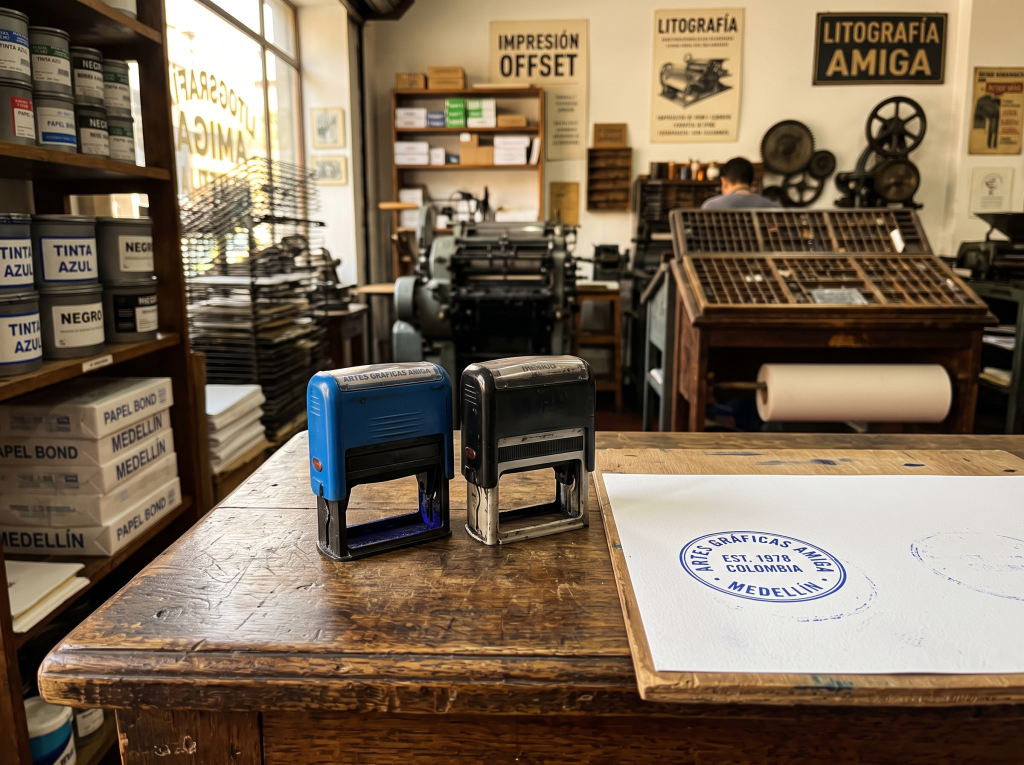 Sellos automáticos en Medellín: un Shiny y un Trodat sobre el mostrador de madera del taller, junto a una factura recién timbrada.