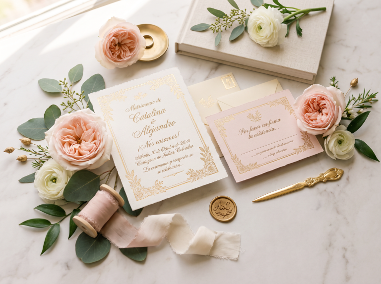 Invitaciones de matrimonio elegantes en papel crema con dorado