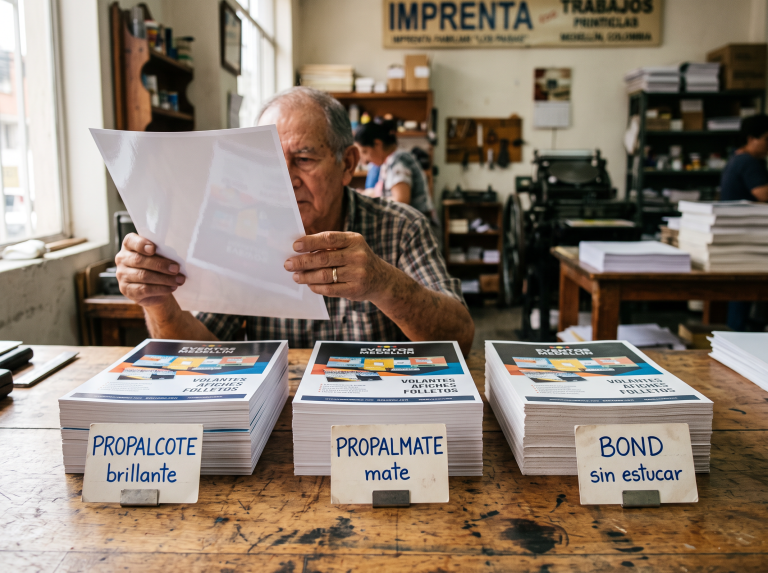 Pilas de propalcote brillante, propalmate mate y bond natural sobre la mesa de una litografía del Centro de Medellín