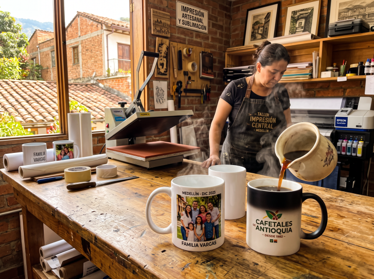 Sublimación de mugs en Medellín: mug blanco de 11 onzas y mug mágico recién salidos de la prensa de calor en el taller de Artes Gráficas Amiga