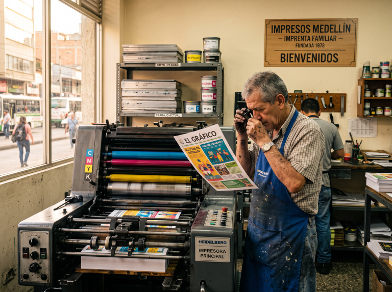 Impresor revisando el registro de color de un pliego recién salido de la máquina offset en una litografía del Centro de Medellín.