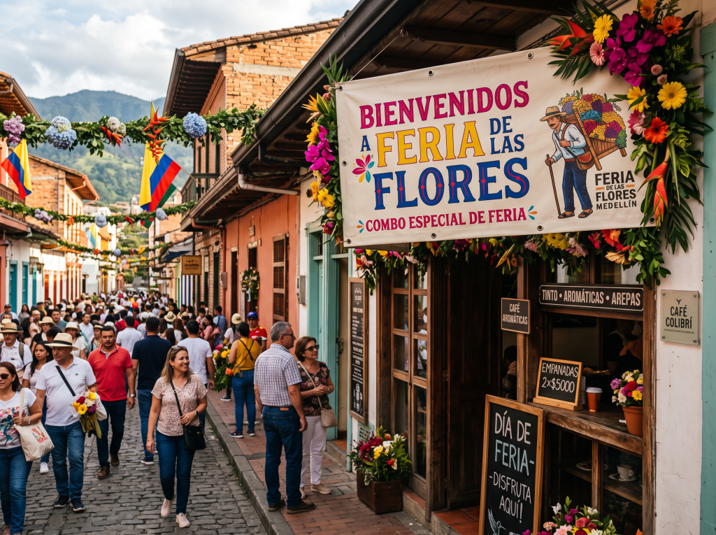 Pendón de lona con flores y silleteros en la fachada de un negocio de Medellín durante la Feria de las Flores